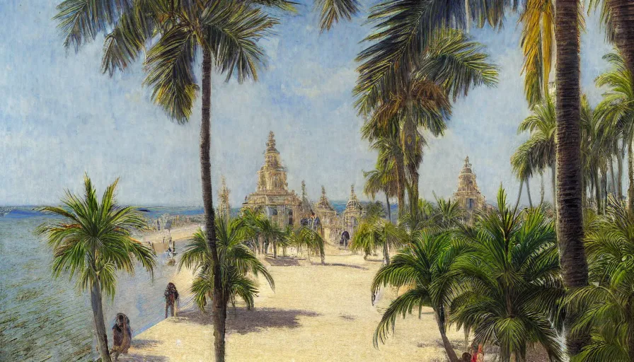 Image similar to a ultradetailed beautiful painting of the amazonas palace balustrade designed by jules bastien - lepage, hans belmer, frank weston and gustave baumann, beach, trending on artstation, mediterranean, palm trees, refracted color sparkles, sharp focus, soft light, 8 k 4 k