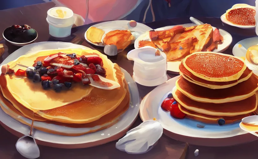 Prompt: the most delicious epic special pancake dish at IHOP, anime scene by Makoto Shinkai, digital art, 4k