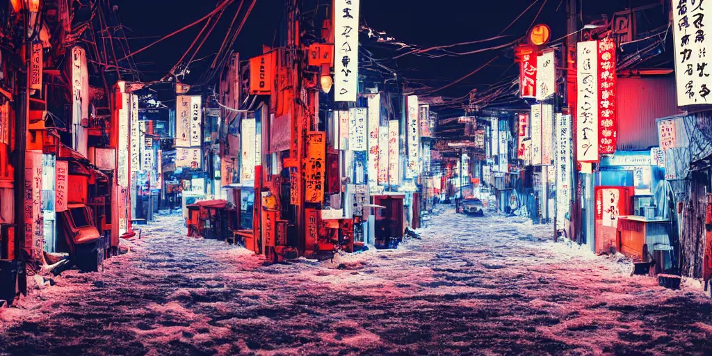 Image similar to a city street at night with a Japanese shrine on it, snowing, photograph, cyberpunk, sharp focus, intricate detail, drone shot, high resolution, 8k, neon streetlights, wires hanging down everywhere, Japan, colourful,,