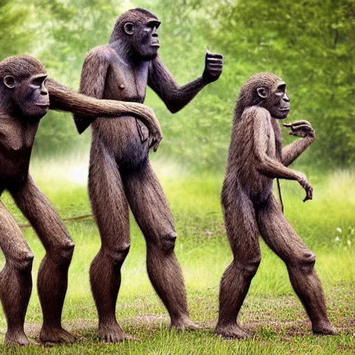 Prompt: Australopithecus meeting modern scientist, field researcher, proto-human meeting modern human, 2022 photograph, award-winning photo