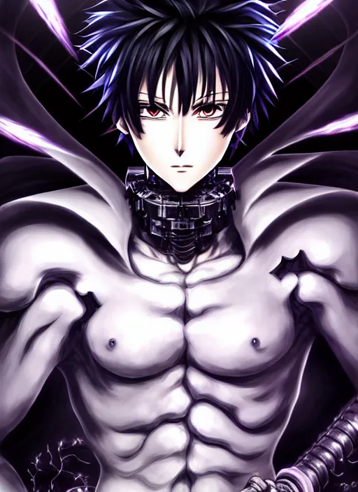 Image similar to a detailed manga full body portrait illustration of a dark spiky haired cyborg anime man surrounded by dark steam by hirohiko araki, detailed artwork, realism, 4 k resolution, detailed, high quality, sharp focus, hq artwork, insane detail, volumetric lighting, character concept art, fine details, clear subject, central subject