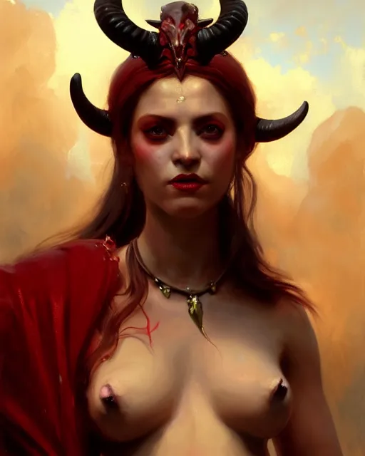 Prompt: painted close - up portrait of a red - skinned intimidating demon girl with ram horns. oil painting, wearing a noblewoman's outfit, fantasy art by greg rutkowski and john singer sargent and gaston bussiere and greg rutkowski, demon noble character design, hd