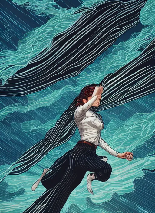 Prompt: illustration of a woman flying through the air, leaving a trail of strips of cloth, black hair wearing black clothes and cape made of long strips of fabric, medieval town landscape, trending on artstation, by dan mumford, yusuke murata, makoto shinkai, ross tran, josan gonzalez, cel shaded, flat colors