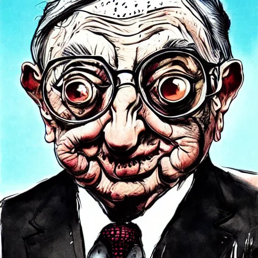 Image similar to George Soros by Ralph Steadman, illustration, body horror, biopunk