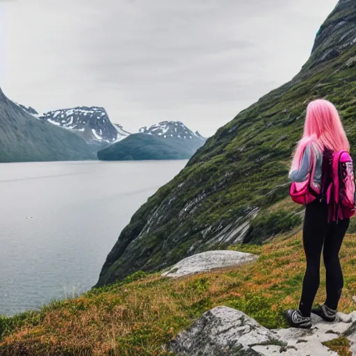 Prompt: a young woman with long pink hair, looking at camera, hiking clothes, tank top, backpack, norway, fjords in background, cinematic, beautiful, stunning, day time, epic, 8 k, 1 6 : 9