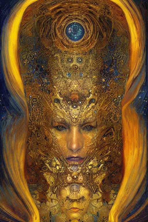 Prompt: Machinery of Fate by Karol Bak, Jean Deville, Gustav Klimt, and Vincent Van Gogh, otherworldly, fractal structures, arcane, prophecy, ornate gilded medieval icon, third eye, spirals