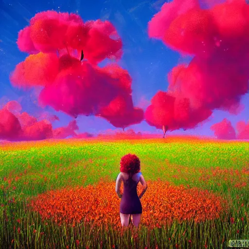 Image similar to giant red flower afro, full body, girl slendering in the middle of a field with flowers, surreal photography, hills, sunrise dramatic light, impressionist painting, colorful clouds, digital painting, pointillism, artstation, simon stalenhag