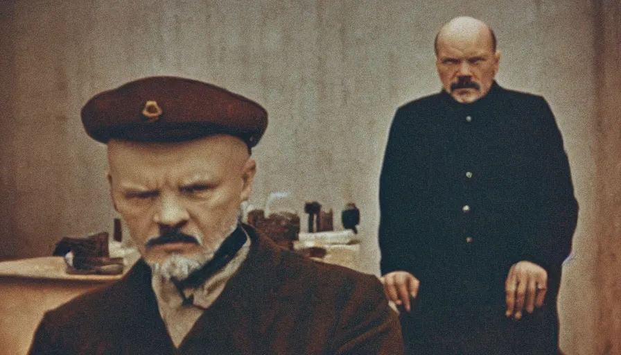 Image similar to movie still by tarkovsky portrait of an old lenin, cinestill 8 0 0 t 3 5 mm, heavy grain, high quality, high detail