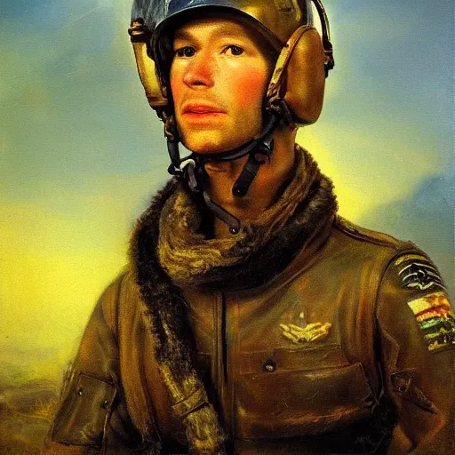 Prompt: heroic weasel pilot, ww 2, wearing a vintage pilot helmet and a scarf, painted by rembrandt intricate ultra detailed painting atmospheric lighting golden hour.