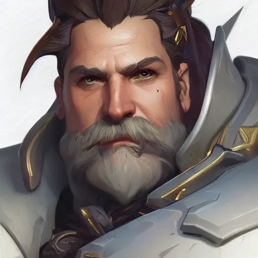 Image similar to high fantasy character portrait of Reinhardt from Overwatch, intricate, wild, highly detailed, digital painting, artstation, concept art, smooth, sharp focus, illustration, art by artgerm and greg rutkowski and alphonse mucha