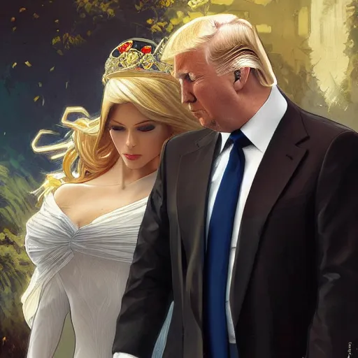 Image similar to vladimir putin marrying donald trump, elegant, highly detailed, digital painting, artstation, concept art, smooth, sharp focus, illustration, art by artgerm and greg rutkowski and alphonse mucha