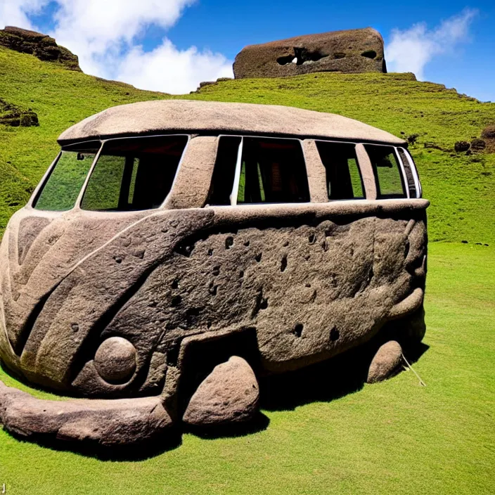 Image similar to ancient vw bus made of stone on the besch, moai from rapa nui style