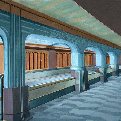 Image similar to painting of an abandoned art deco subway station