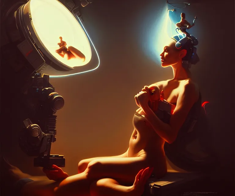 Image similar to the birth of google, total recall tech, dramatic lighting, electrical details, high details, 8 k, best, accurate, trending on artstation, photorealism, ultrarealistic, digital painting, style of peter mohrbacher, caravaggio, boris vallejo