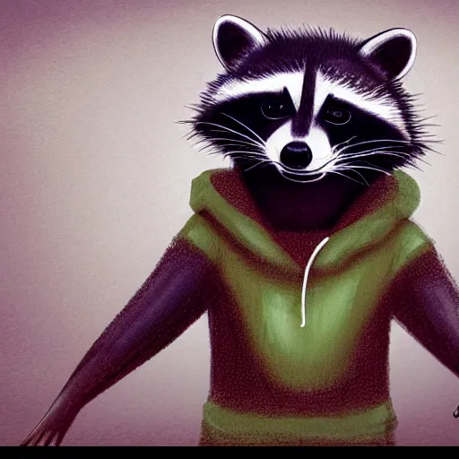Prompt: a raccoon in a green, hooded rouge outfit with gold accents holding dagger, pointing it at camera, trending on art station