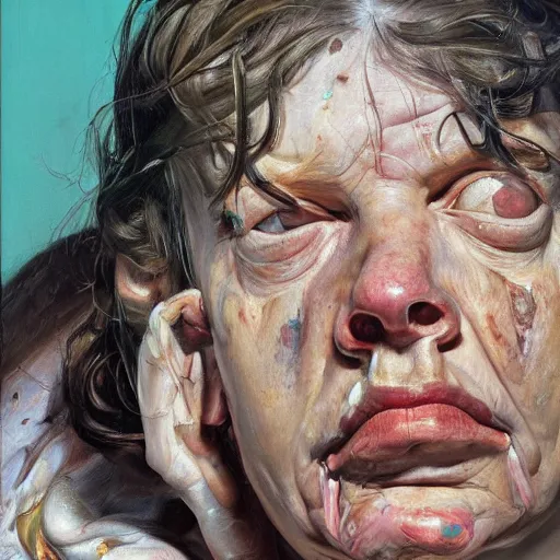 Image similar to high quality high detail painting by lucian freud and jenny saville, hd, upsetting, turquoise