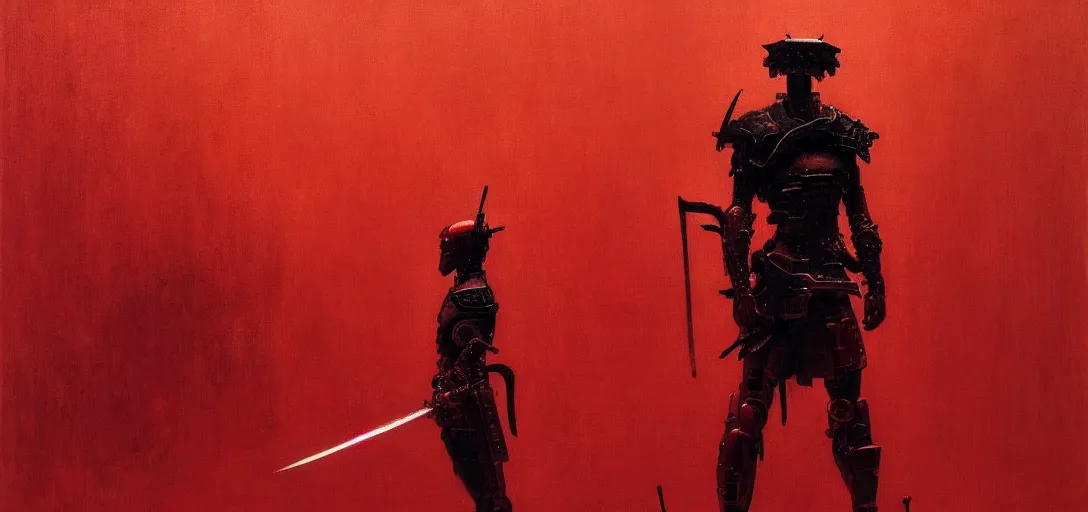 Prompt: only with red, a white samurai cyborg, tokio, a lot of swords, in the style of beksinski, parts by edward hopper, parts by rodcenko, parts by yue minjun, intricate and epic composition, red by caravaggio, insanely quality, highly detailed, masterpiece, red light, artstation, 4 k