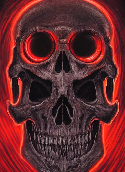 Prompt: portrait of cybernetic skull with glowing red eyes, by wayne barlow, stanley donwood, anton semenov, zdzislaw bekinski, hr giger, 8 k, sci fi, dark, highly detailed