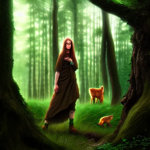 Prompt: a female woodland druid surrounded by forest animals, in the woods, hyper realistic, digital painting, photorealistic, in the style of greg rutkowski, detailed