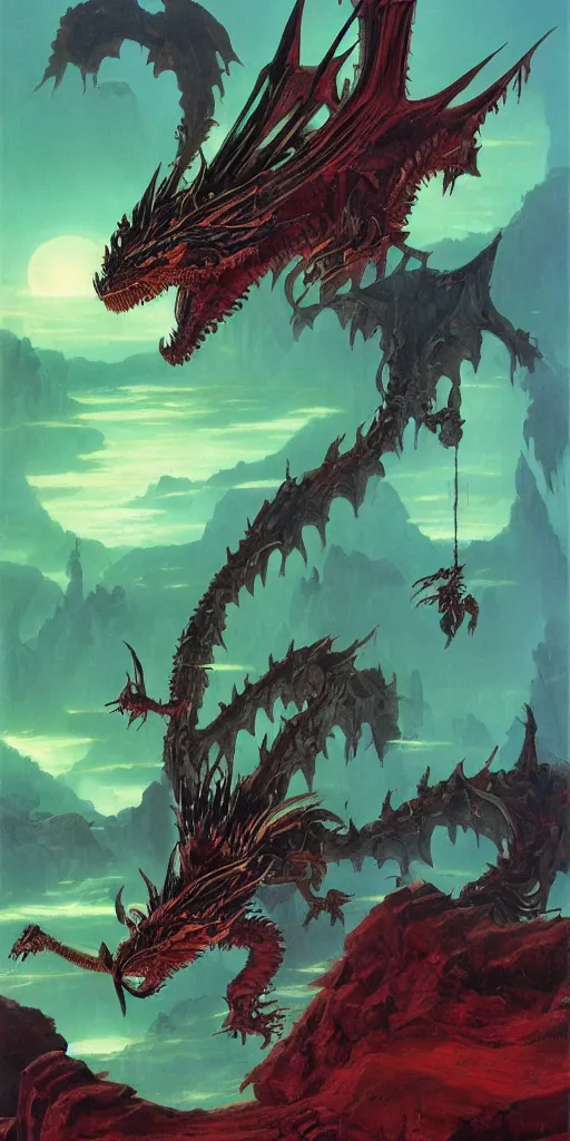 Image similar to a relaxing epic oil painting of a cyberpunk dragon by roger dean in the style of romanticism art, 8 k