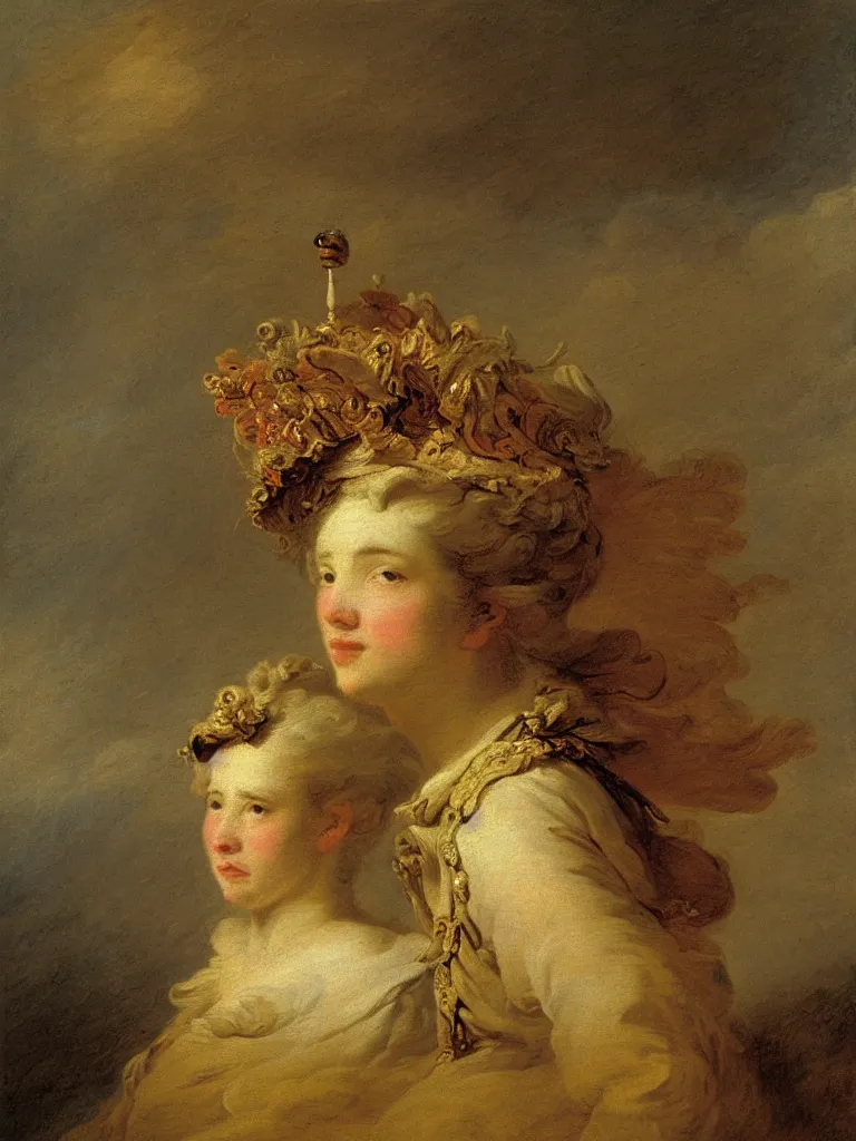 Image similar to portrait of a lonely female soldier floating in the air, wearing a crown, by jean honore fragonard