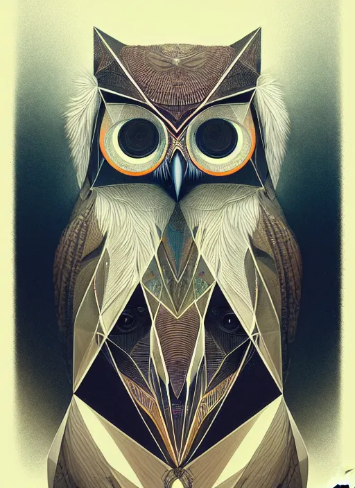 Image similar to portrait of a geometric owl, identical eyes, medium shot, illustration, full body made of white feathers, symmetrical, art stand, super detailed, cinematic lighting, and its detailed and intricate, gorgeous, by peter mohrbacher