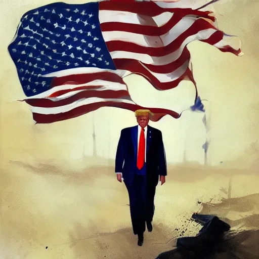 Prompt: donald trump with the american flag running geog darrow greg rutkowski