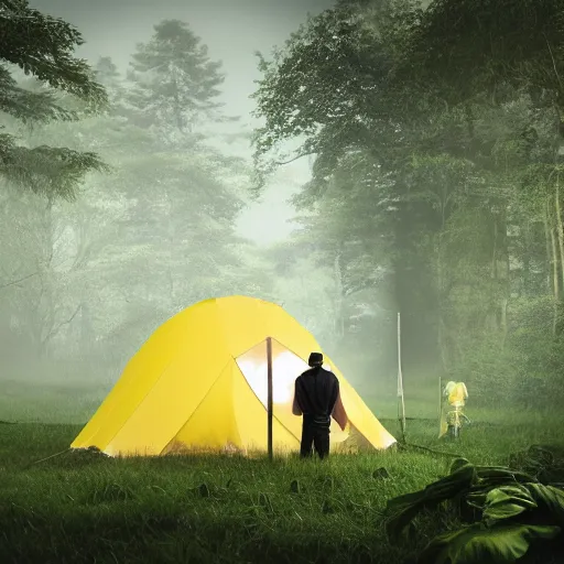 Image similar to photo studio rainforest with foggy background. yellow tent on floor. fisherman in balenciaga cloth, plastic bag and black mask. photorealistic high resolution, redshift render, 8 k