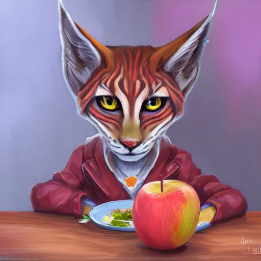 Prompt: a painting of an anthropomorphic lynx sitting at a table with apples, a character portrait by lois van baarle, furry art, speedpainting, furaffinity, tarot card, yoshitaka amano style