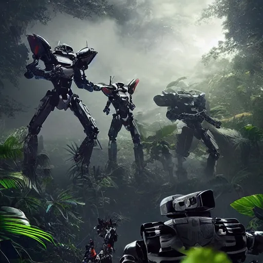 Image similar to Ragtag militia fighting advanced humanoid combat robots in a jungle in 2020, combat photography by Feng Zhu, highly detailed, excellent composition, cinematic concept art, dramatic lighting, trending on ArtStation