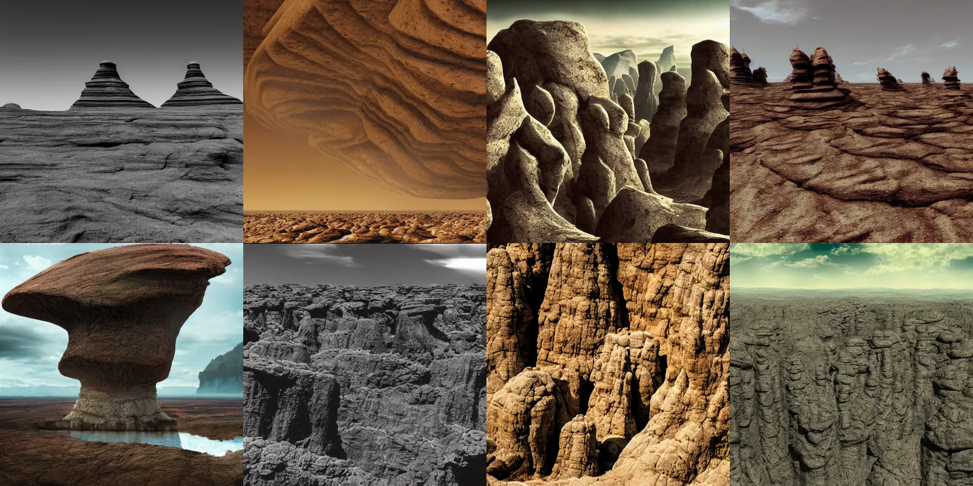 Prompt: rock formations of a big scale on a massive alien landscape, horror movie,