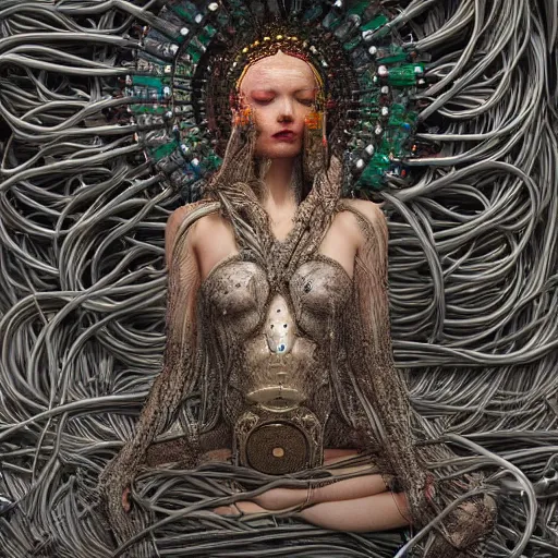 Image similar to tapping in to something greater, piles of modular synth cables, goddess laying down wearing a headpiece made of circuit boards, by cameron gray, wlop, stanley kubrick, masamune, hideki anno, unique perspective, trending on artstation, 3 d render, vivid