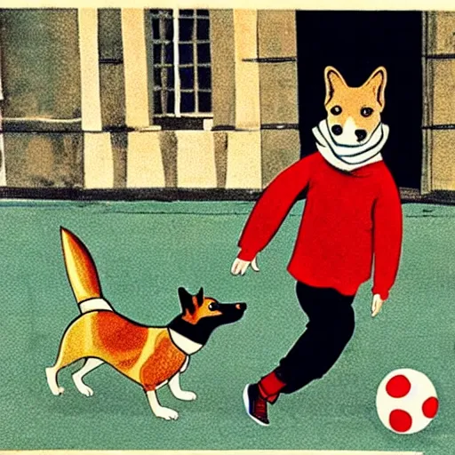 Image similar to book illustration of a french boy on the streets of paris playing football against a corgi, the dog is wearing a polka dot scarf, 1 9 6 6