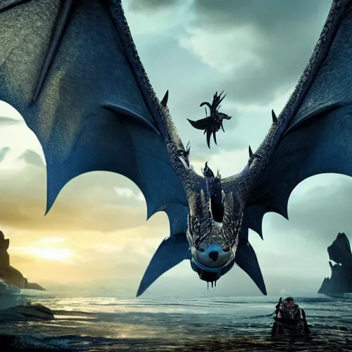 Prompt: movie clip of dragon with mantaray wings and a stingray tail made of stars in an old viking village filled with vikings and other dragons going about their day, cgi, in the style of how to train your dragon, cinematic, high resolution, cgi