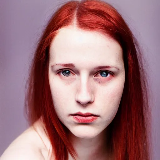 Image similar to face portrait, white woman, 22 years old, thin, center parting straight red hair, snub nose, small lips, studio photography by Annie Leibovitz, f/8