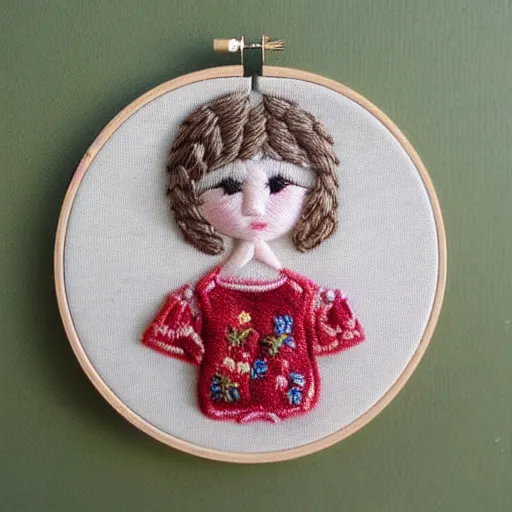 Image similar to a tiny beautiful handmade embroidery of a little girl with brown curly hair. hand embroidery.