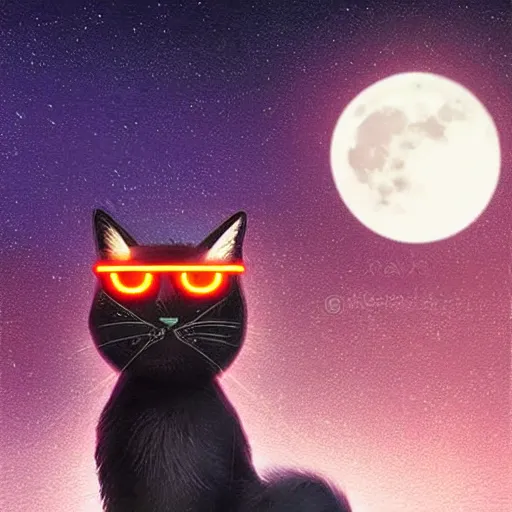 Prompt: fluffy black cat on a roof watching the full moon over a futuristic city plenty of neons at night, digital art, high contrast, vibrant, art by Artgerm