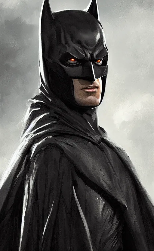 Image similar to Portrait of batman in a black cloak, black hair, glowing eyes, male, detailed face, fantasy, highly detailed, cinematic lighting, digital art painting by greg rutkowski