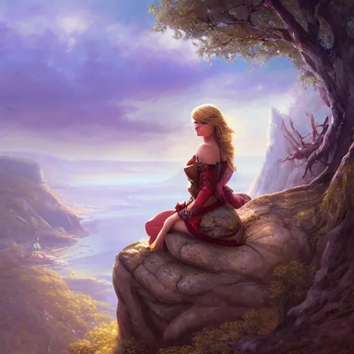 Image similar to alluring illustration taylor swift, sitting on the edge of a cliff overlooking a forested valley, clothed in a chesty fantasy outfit, portrait, 8k resolution matte fantasy painting, cinematic lighting, DeviantArt, Artstation, Jason Felix Steve Argyle Tyler Jacobson Peter Mohrbacher