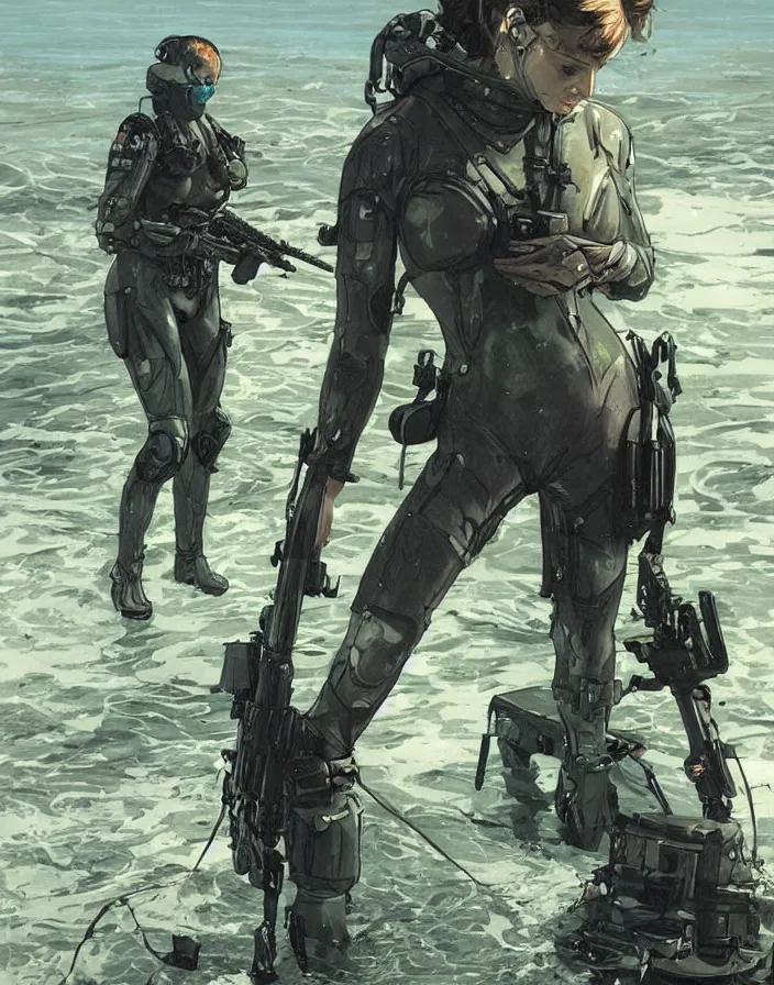 Image similar to Selina. USN blackops operator emerging from water at the shoreline. Operator wearing Futuristic cyberpunk tactical wetsuit and looking at an abandoned shipyard. Frogtrooper. rb6s, MGS, and splinter cell Concept art by James Gurney, greg rutkowski, and Alphonso Mucha. Vivid color scheme.