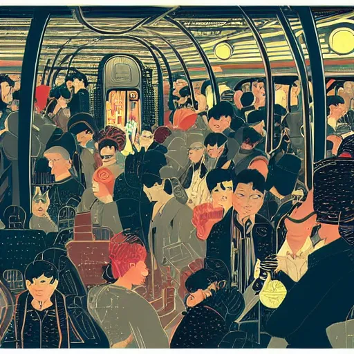 Image similar to parisian subway life, illustration by victo ngai, studio muti, malika favre