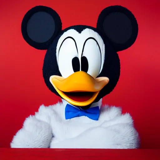 Prompt: donald duck mixed with mickey mouse, photo, dslr, scary, weird