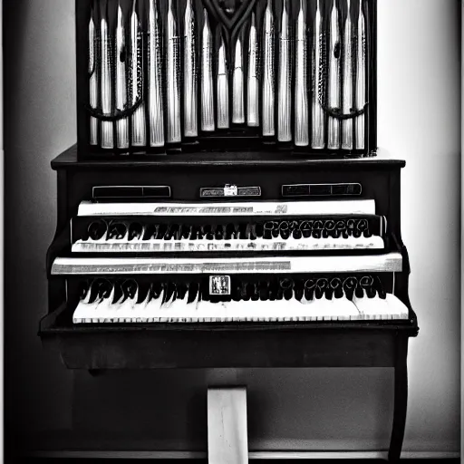 Image similar to steampunk organ, black and white film,