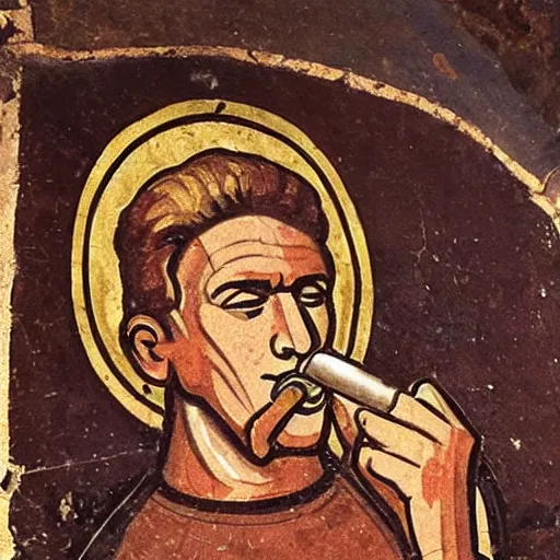 Image similar to fresco depicting Duke Nukem smoking a cigar found in a byzantine church dating back to the 12th century, intricate, highly detailed