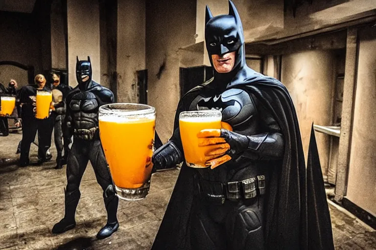 Image similar to batman covered in lots of orange juice offering free beer, chasing through old brown decrepit hallway, creepy smile, atmospheric eerie lighting, dim lighting, bodycam footage, motion blur, photography