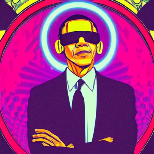 Image similar to Obama wearing a VR headset, art nouveau, synthwave, portrait