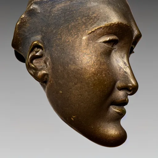 Image similar to detailed photo of an old bronze patina statue of a woman head and shoulder portrait, intricate detail, museum diffuse lighting