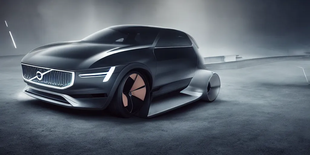 Image similar to a design of a futuristic Volvo, designed by Polestar, northern lights background, brushed rose gold car paint, black windows, dark show room, dramatic lighting, hyper realistic render, depth of field