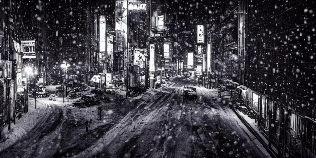 Prompt: a city street at night, snowing, photograph, cyberpunk, sharp focus, intricate detail, Desolate, drone shot,