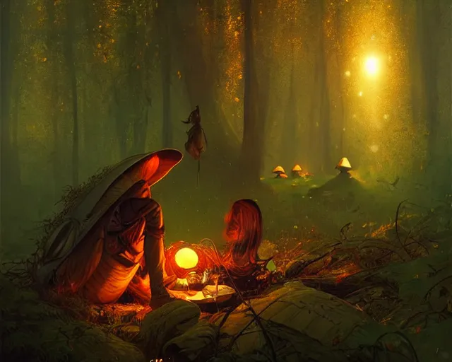 humanoid mushroom camping in a forest at night, | Stable Diffusion ...